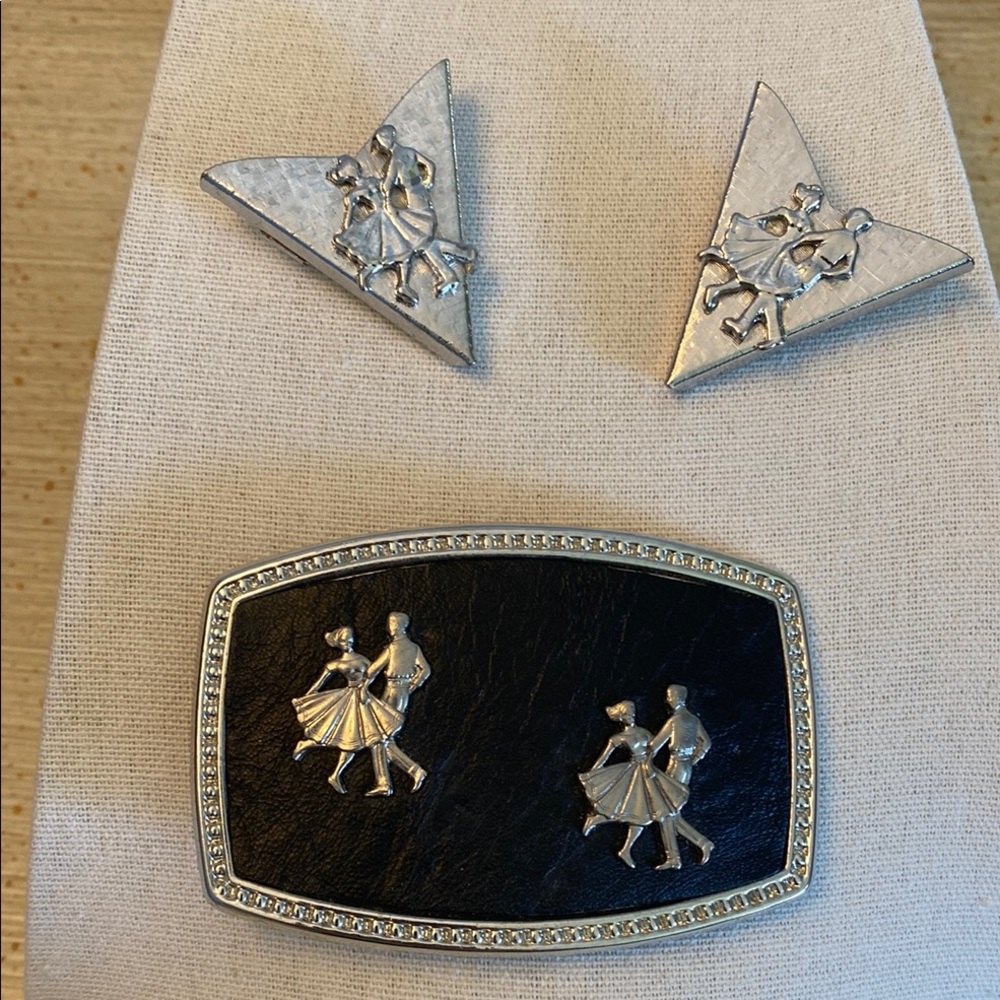 Vintage Square Dance Belt Buckle Silver Collar Tip Set